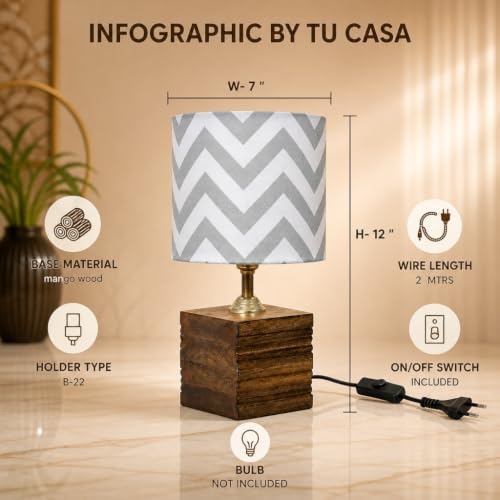 Image of tu casa Wooden Table Lamp Maze Print Fabric Shade for Home, Bedroom, Lounge