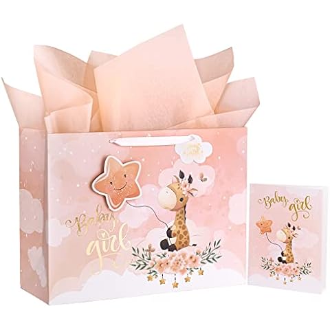WRAPAHOLIC 16" Extra Large Baby Girl Gift Bag with Card and Tissue Paper - For Baby Shower, New Baby Cover