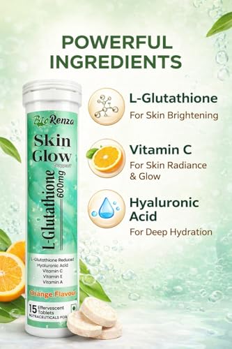 Image of Skin Glow L-Glutathione 600mg Effervescent Tablets | Vitamin C, E, A + Hyaluronic Acid | Skin Brightening & Anti-Aging Support | Orange Flavour | 15 Tablets (Pack of 5)