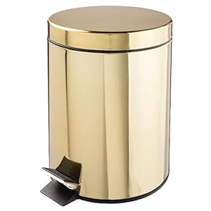 mDesign Small Modern 1.3 Gallon Round Metal Lidded Step Trash Can, Compact Garbage Bin with Removable Liner Bucket and Handle for Bathroom, Kitchen, Craft Room, Office, Garage – Soft Brass, 5 liter