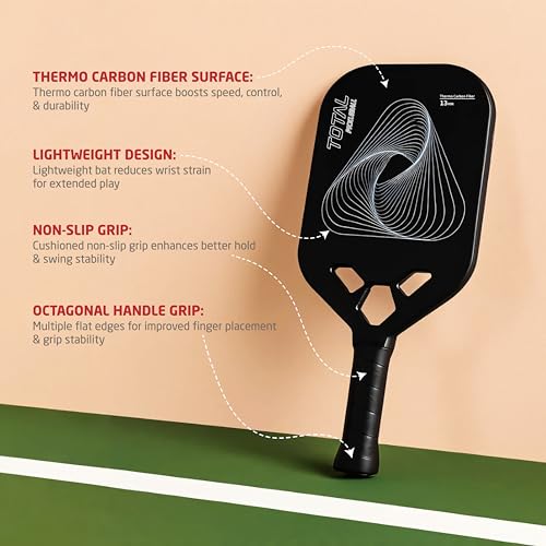 Image of Total Pickleball Paddle 13mm Thermo Carbon Fiber - Lightweight Racket with Cushioned Grip for Indoor & Outdoor Pickleball Game (Black)