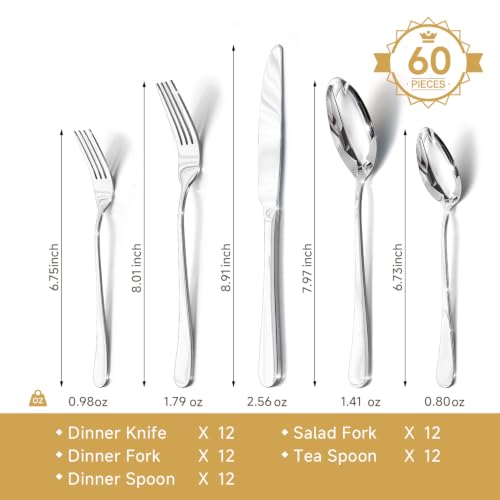 HIKAA 60PCS Silverware Set Service for 12, Premium Stainless Steel Flatware Set Mirror Polished, Modern Kitchen Cutlery Set with Spoons Forks Knives, Dishwasher Safe Utensils for Home Restaurant - image 2