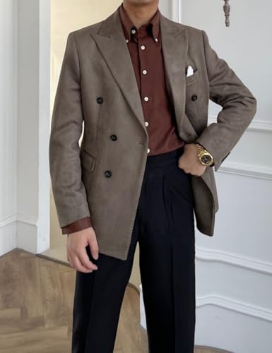 Men's Suede Double Breasted Blazer Peaked Lapel Business Jacket Formal4