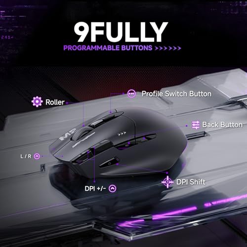 Image of TMKB M2 Wireless Gaming Mouse, 24K DPI, Tri-Mode 2.4G /BT /USB-C, 9 Buttons | Lightweight Ergonomic Grip, Programmable, 600mAh Rechargeable, DPI-Shift Button, RGB lighting, PTFE Feet, for PC Laptop Mac