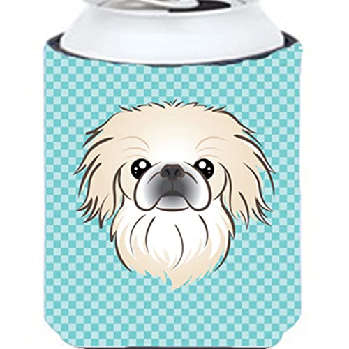 Caroline's Treasures BB1159CC Checkerboard Blue Pekingese Can or Bottle Hugger Cooler Washable Drink Sleeve Collapsible Beverage Insulated Holder, Can Hugger, Multicolor