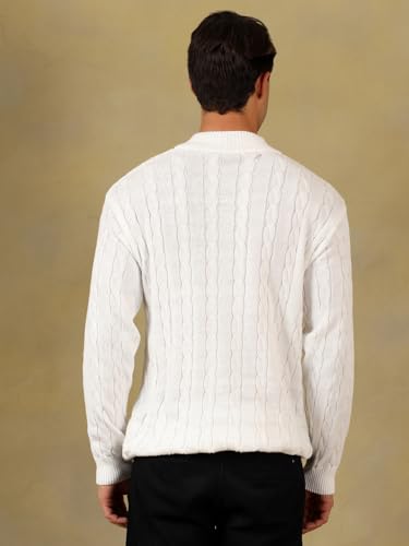 Image of Kvetoo Men's Wool High Neck Zipper Sweater, Full Sleeve Cable Knit Quarter Zip Winter Pullover