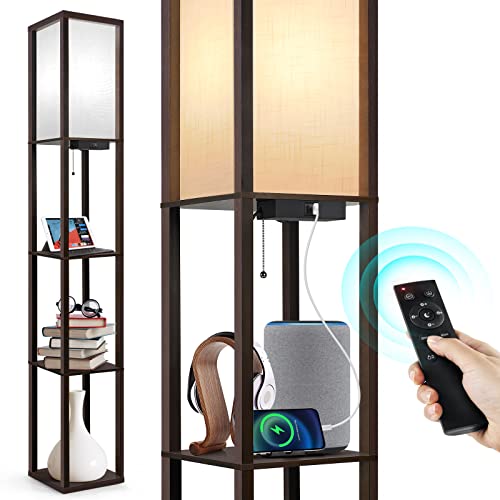 OUTON Lampara de pie salon con Estantes, luz ajustable con control remoto, 4 Temperatura de Color, cronómetro 1h, lámpara de Pie led con 2 conectores USB, Lampara de pie para salon, oficina, Marrón Cover