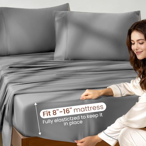 Image of 100% Egyptian Cotton Sheet Set 4 Pcs Queen Size Sheets 1000 Thread Count Breathable Soft Bedding Set Fitted Sheet with 16 inch Deep Pocket (Queen, Gray)