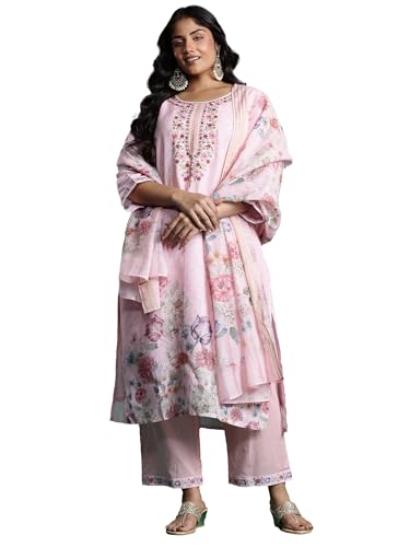 Image of INDO ERA Women's Linen Floral Embroidered Straight Calf Length Kurta with Pant & Dupatta Set (PS0KH10643)