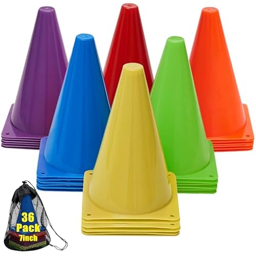 7" Soccer Cones for Training, 36 Pack Sports Agility Field Plastic Small Cones for Kids Skating Basketball Football Practice Drills, 6 Colors
