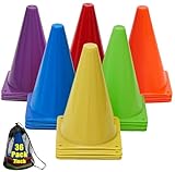 Qtheaes 7" Soccer Cones for Training, 36 Pack Sports Agility Field Plastic Small Cones for Kids Skating Basketball Football Practice Drills, 6 Colors