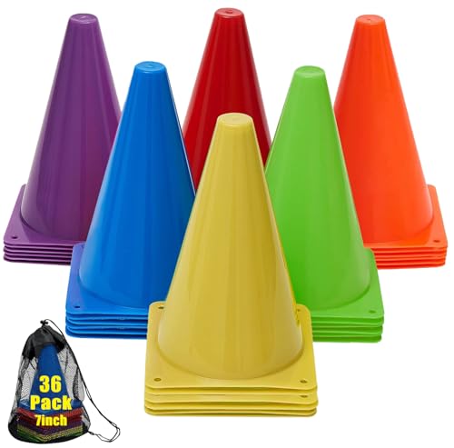 Qtheaes 7 Soccer Cones for Training 36 Pack Sports Agility Field Plastic Small Cones for Kids Skating Basketball Football Practice Drills 6 Colors