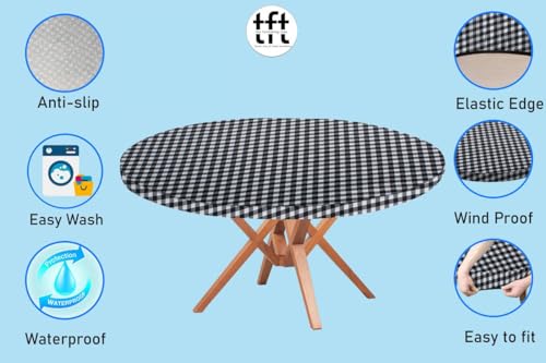 Image of The Furnishing Tree Round Elastic Fitted Dining Table Cover WxL 36x36 Inches Checkered Pattern White