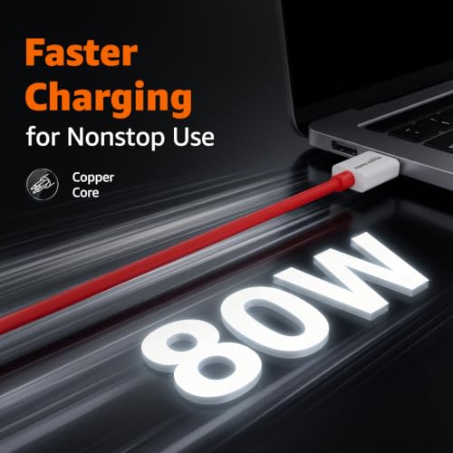 Image of amazon basics 80W USB-A to USB-C Fast Charging Cable, 1M Length, Up to 480 Mbps Data Transfer Speed, Built-in Emark Smart Chip, Compatible with Oneplus and other devices (Red)