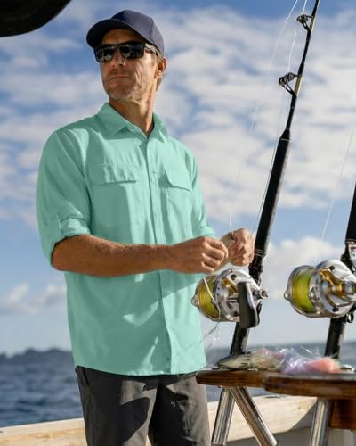 Men's Sun Protection Fishing Shirt UPF 50+ Long Sleeve Safari Hiking Travel Shirts with Pockets Quick Dry(Mint Green Medium) — view 3