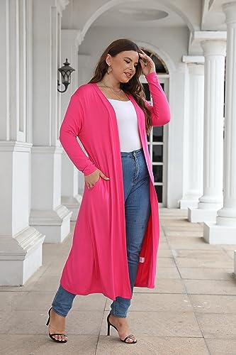 Image of Women Plus Size Floor Length Open Front Drape Cardigan Lightweight Long Sleeve Maxi Duster with Pockets 1X-5X