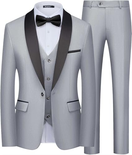 WULFUL Men's 3 Piece Suits Slim Fit Tuxedo Suit Set One Button Shawl Lapel Blazer Jacket Vest Pants Set for Prom, Business