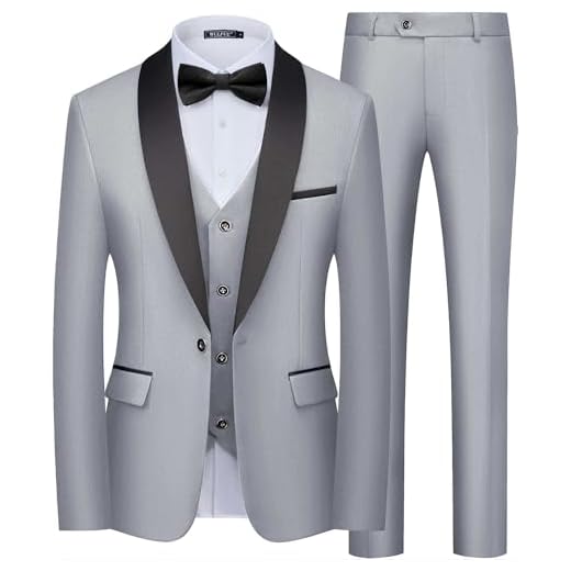 WULFUL Conjunto masculino de 3 peças, conjunto de terno de smoking slim fit, um botão, xale, lapela, blazer jaqueta, colete e calça para formatura, negócios, Cinza claro, G