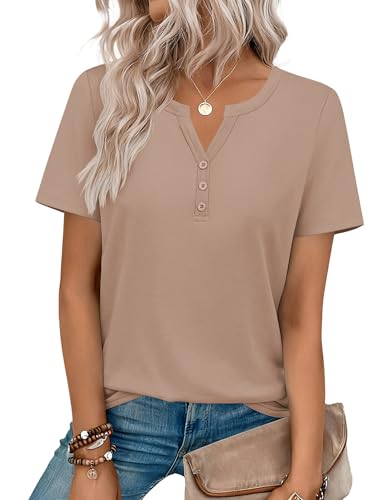 Zeagoo Short Sleeve Shirts for Women Casual Henley Button Up Top V Neck Business Dressy Work Blouses Khaki