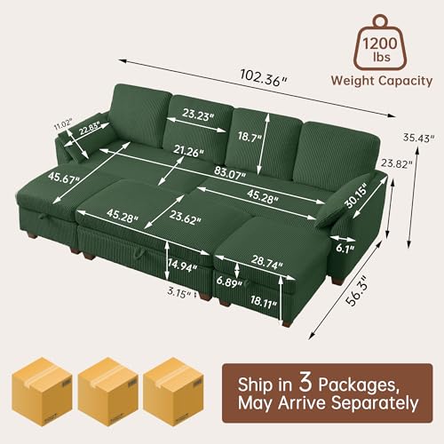 Image of Sectional Sofa with Storage Ottomans & Coffee Table, 4 Seat U Shaped Couches for Living Room: Corduroy Fabric | Double Movable Chaise Ottoman | Storage Long Bench | Modern Convertible Couch Set, Green