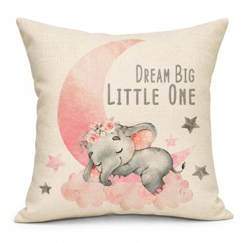Image of Dream Big Little One Baby Elephant Throw Pillow Cover 20x20 Inch | Watercolor Pink Moon Stars Nursery Decor, Cotton Linen Cushion Case for Baby Girl Room Bedroom Sofa Rocking Chair