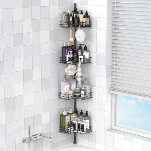 HuggieGems Adjustable Corner Shower Caddy Organizer Shelves, Bathroom Shelf, 4 Tier, Black, 2 Ways...