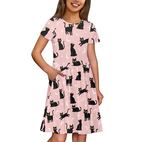 Image of Girls Dress with Pockets Basic Short Sleeve High Waist Swing Skater Dress School Party Dress for Kids
