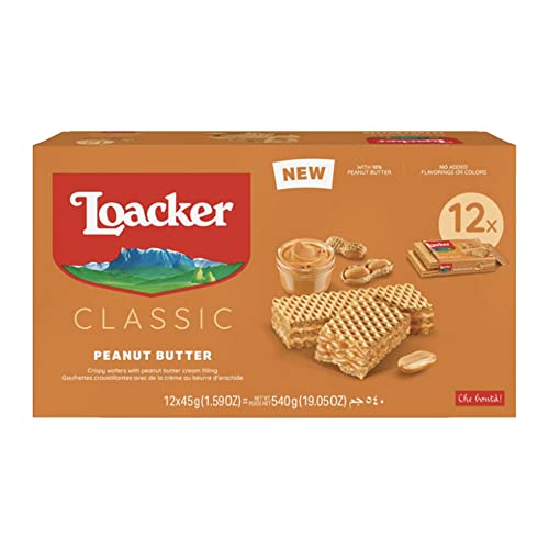 Image of Loacker Classic Peanut Butter Wafers - Premium Crispy Wafer Cookies with Peanut Butter Cream Filling - Multipack of 12 snack packs - NON-GMO - Creamy PB - 45g /1.59oz, Pack of 12
