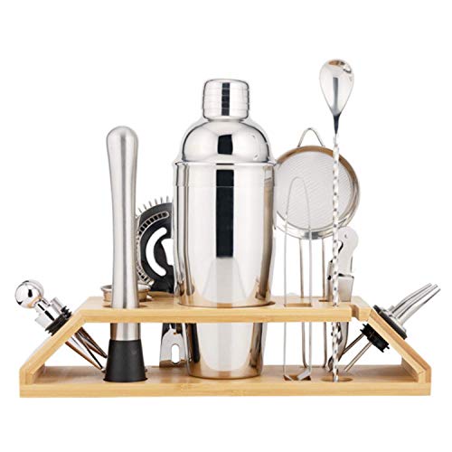 KIT COQUETELEIRA EM AÇO INOX E SUPORTE DE BAMBU 13 PEÇAS