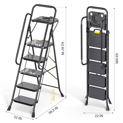 KINGRACK 5 Step Ladder, Sturdy Steel Step Stool with Anti-Slip Wide Pedals, Handrail, Safe-Lock Design, Pass 800lbs Load Testing, Folding Portable Ladder for Multi-Purpose, Home, Kitchen, Black - Image 9