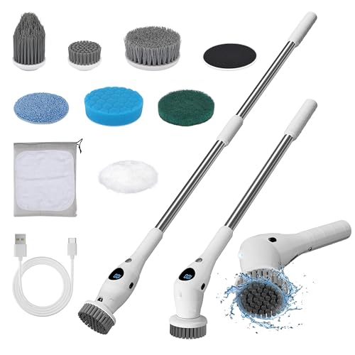 RealPlus Electric Spin Scrubber, New Cordless Cleaning Brush with 8 Replaceable Brush Heads, 3 Speeds and Adjustable Extension Handle