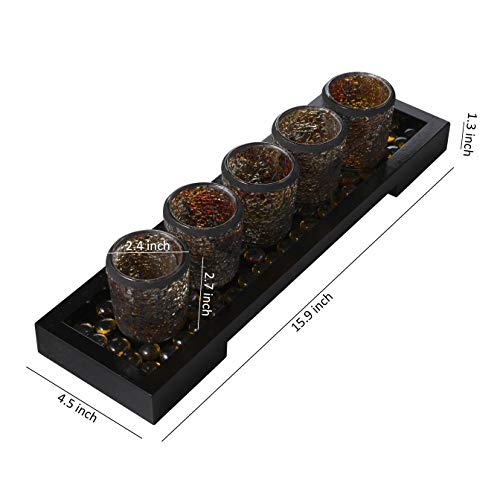 Mosaic Glass Candlescape Set In Wood Tray - 16" Long With 5 Stained Glass Tealight Holders And Glass Beads - Versatile Candle Holders As Centerpieces, Home Decor And For Special Occasions #TOP1