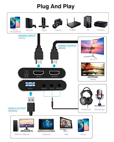 AOBOCO Game Capture Card mit HDMI-Loop-Out, 4K 60FPS USB3.0-Vide Capture Karte für Streaming, 4K-Videoaufzeichnung… – Bild 5