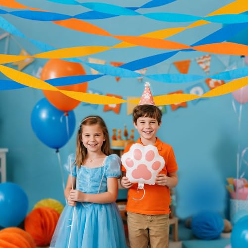 Image of Riqiaqia Crepe Paper Streamers Party Decorations, Blue and Orange Party Decorations, 8 Rolls of Blue, Orange Party Streamers for Blue Dog Birthday Party Supplies