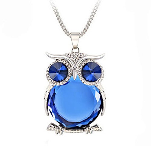 Exwking Trendy Necklace Crystal Jewelry Statement Women Silver Owl Chain Long Necklaces(blue)
