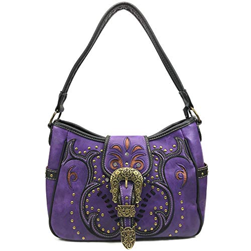 Justin West Patina Girl Western Bronze Floral Buckle Conceal Carry Handbag Purse Tote And Strap Wallet (Purple Hobo Only) #TOP9