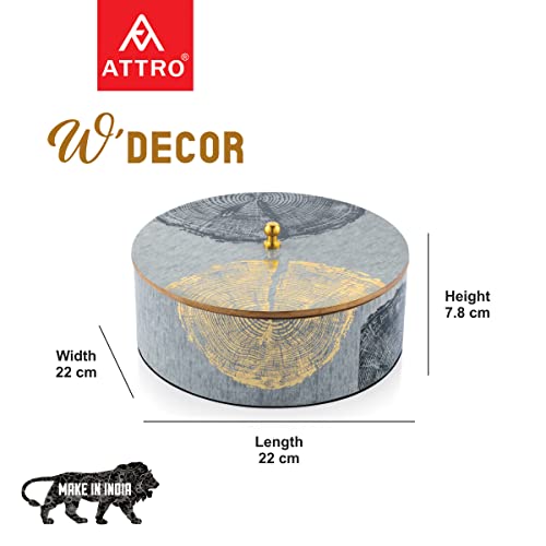 Image of Attro Circle Gold Designer Wooden Round Multipurpose Box with Lid for Kitchen Storage Box, Chapati Box, Chocolate Box