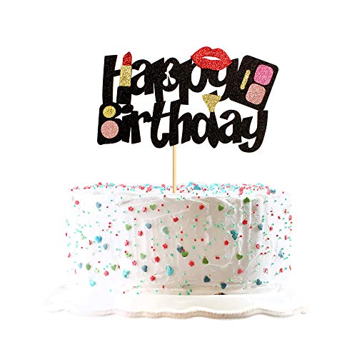 Ercadio 1 Pack Glitter Makeup Cake Topper Happy Birthday Cake Pick Bridal Shower Women Cosmetics Theme Bachelorette Party Decorations Supplies
