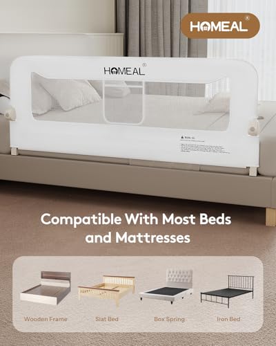 Image of HOMEAL Bed Rail for Toddlers, 59 inch Extra Long Swing Down Bed Rail Guard with Double Reinforced Stability, Foldable Metal Safety Guard for King, Queen, Full & Twin Beds, White