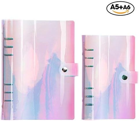 A5 Binder+A6 Binder,6 Ring Standard Rainbow Round Ring Binders Snap Button Closure Loose Leaf Folder Colorful Soft PVC Notebook Transparent Agenda Shells Stretch Fabric for Ring-Bound Planner Pages