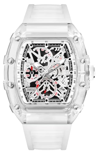 BESTKANG Fashion Hollowed Men Watches Transparent Tonneau Analog Display Quartz Date Waterproof Male Wrist Watch (White)