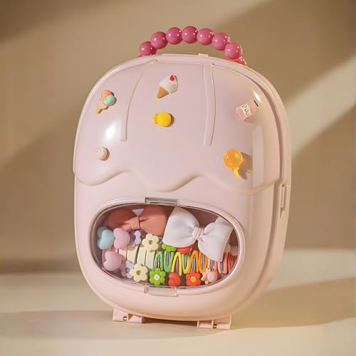 Image of KiZY Girl Kid Hair Accessories Storage Box | Hair Ties-Clips, Bow-Ribbon-Headband, Jewelry Organizer | Portable Case | Available in Multiple Design-Color. (Pack of - 1, Pink Trolly)