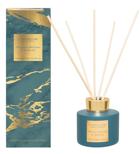 Image of Stoneglow Luna Collection Papyrus Woods & Jasmine Scented Reed Diffuser 120ml – Green Apple, Bergamot & Pink Pepper Scents, Lasts 10 Weeks, 10 Rattan Reed Diffuser Sticks, Refillable Home Fragrance