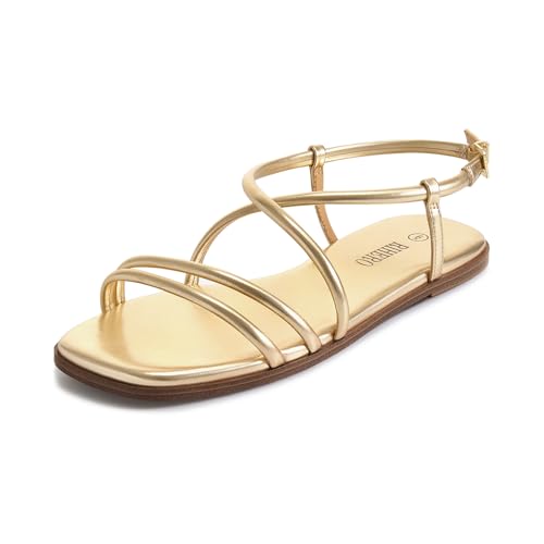 Rihero Women's Strappy Flat Sandals Summer Lace Up Open Toe Comfortable Slip-On Ankle Strap Sandals