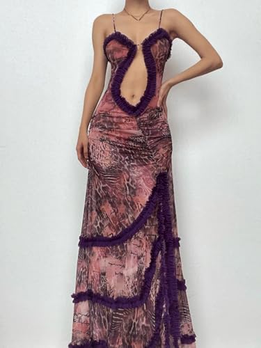 Image of Women's Purple Sleeveless Mesh Dress Sexy Deep V Dress High Slit Maxi Mesh Club Party Dresses