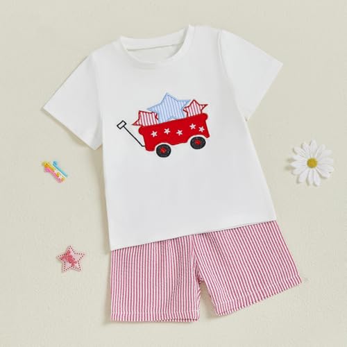 Image of Kayotuas Fourth Of July Toddler Boy Outfit Baby American Flag Clothes Patriotic Shirt Striped Gingham Shorts 2Pcs Summer Sets