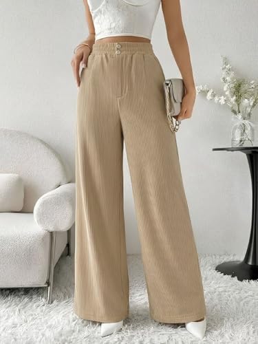 Image of SMOWKLY Authentics Women's Trendy Casual Corduroy Stretchable Baggy Loose Korean Trouser with Pockets || High Rise Elastic Waist Going Out Lounge Pants || Wide Leg Summer Pants for Woman