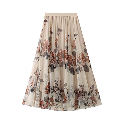 DISSA Jupe Plissée Fleurie Femme Beige Jupe Tulle Maxi,Taille Unique,S1801 Cover