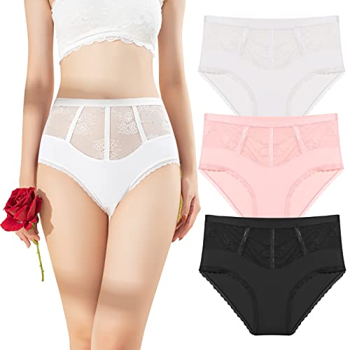 Daelesr Pack de 3 Braguitas Seda de Hielo, Bragas Sin Costura Tramo Hipster, Bragas Altas Encaje Sexy Transpirable, Braguita de Cintura Alta Estiramiento, Ropa Interior para Mujer, Control en Abdomen Cover