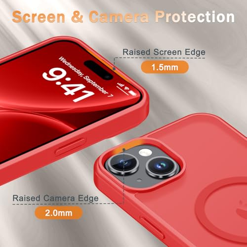 Image of YENAPOON for iPhone 15 Plus Case, iPhone 14 Plus Case, Matte Magnetic Phone Cover with 1 Screen Protector [Support for MagSafe] [Shockproof Military Grade Protection] Translucent Frosted Back, Red
